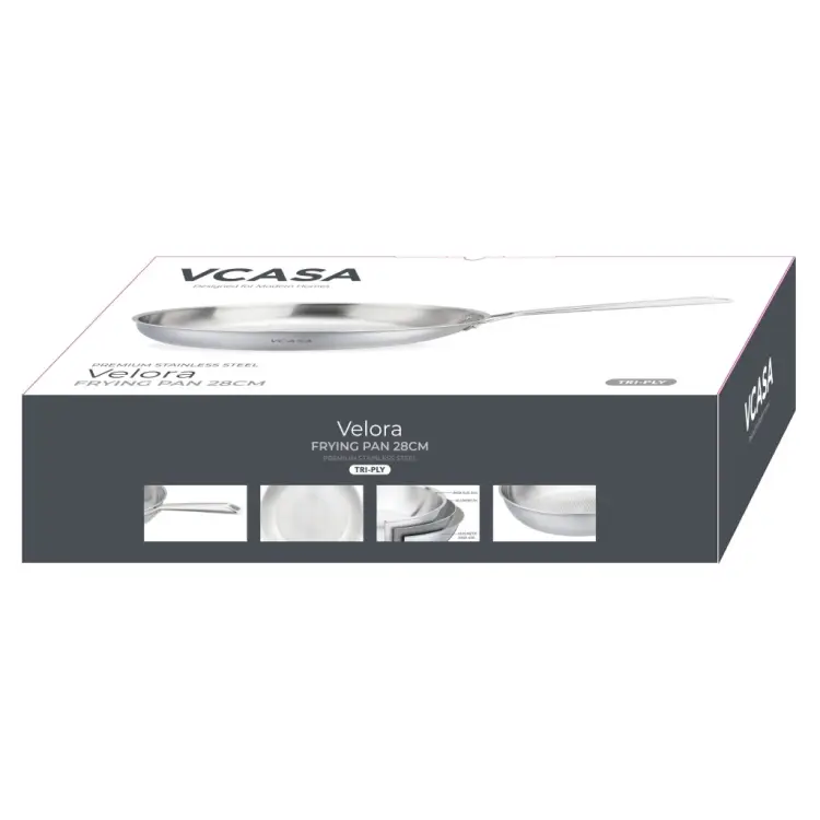 PATELNIA STALOWA VCASA VELORA 28 CM TRI-PLY STAL 304 INDUKCJA PLASTER MIODU