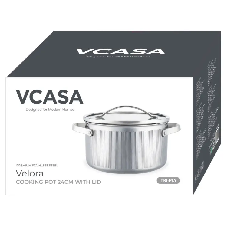 Garnek VCASA VELORA 24cm Stal 304 TRI-PLY Indukcja Pokrywka Odcedzanie 5,8L