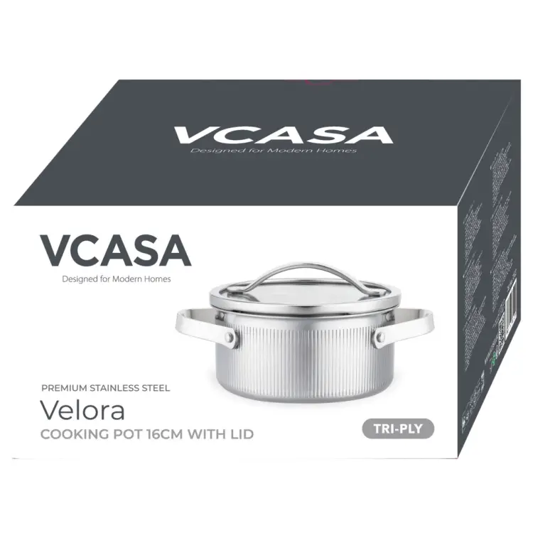 Garnek VCASA VELORA 16cm Stal 304 TRI-PLY Indukcja Pokrywka Odcedzanie 1,5L