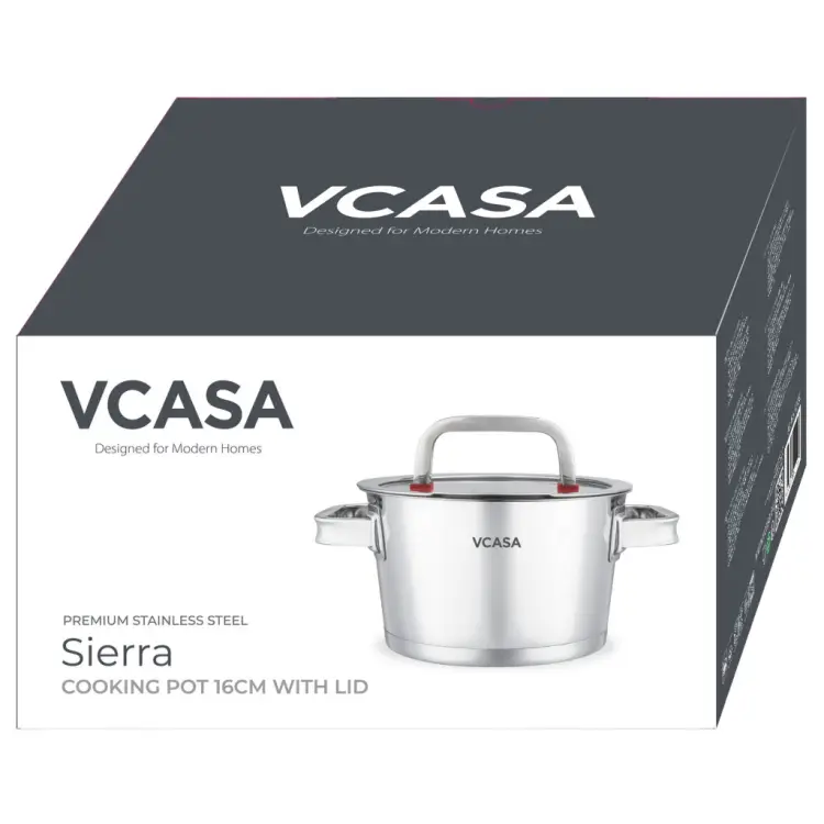 Garnek VCASA SIERRA 16cm 1,6L Stal Nierdzewn 304 Pokrywka Cedzak Odcedzania