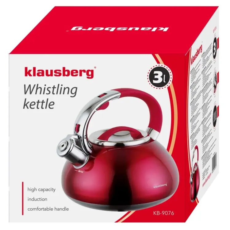 CZAJNIK Z GWIZDKIEM KLAUSBERG KB-9076 3L INDUKCJA GAZ CZERWONY STALOWY