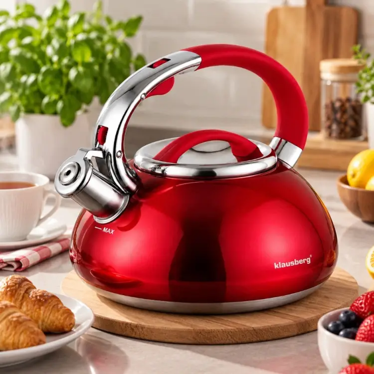 CZAJNIK Z GWIZDKIEM KLAUSBERG KB-9076 3L INDUKCJA GAZ CZERWONY STALOWY