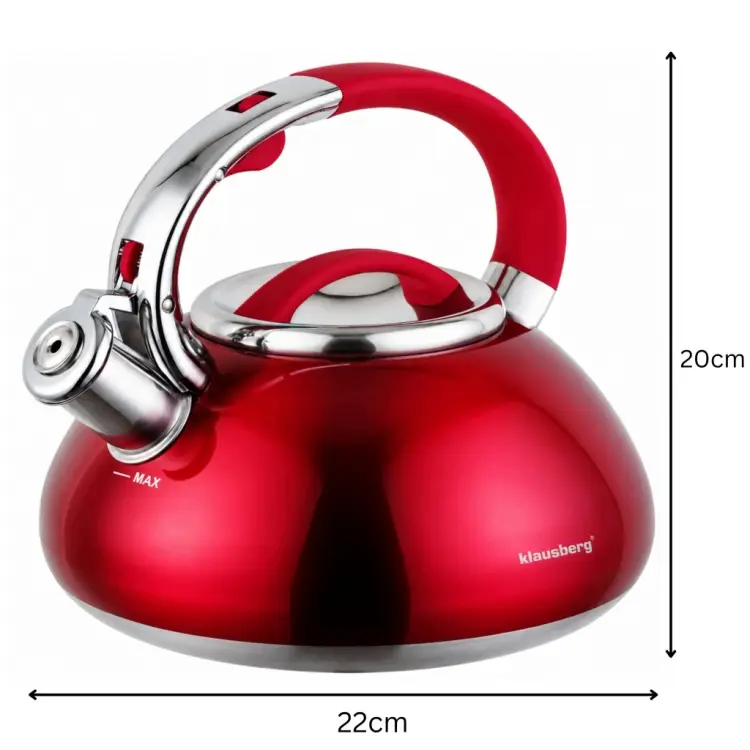 CZAJNIK Z GWIZDKIEM KLAUSBERG KB-9076 3L INDUKCJA GAZ CZERWONY STALOWY