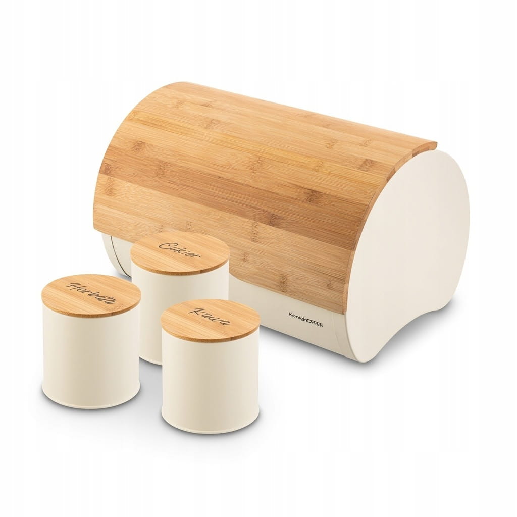 CHLEBAK Metalowy BAMBUSOWA Pokrywa +3 pojemniki KAWA HERBATA CUKIER Volano