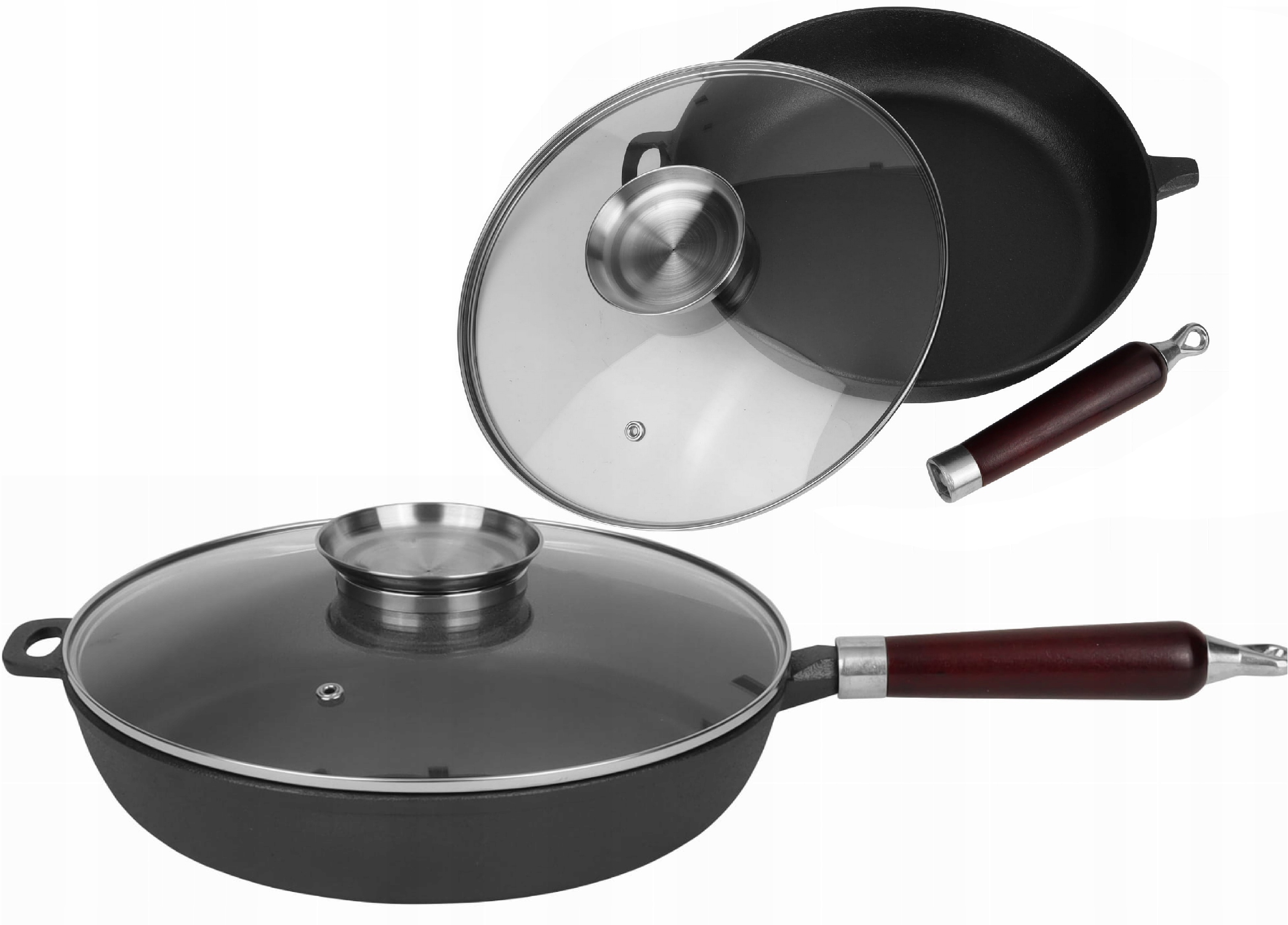 PATELNIA ŻELIWNA 28 cm Ciężka z Pokrywą Odkręcana Rączka INDUKCJA GAZ