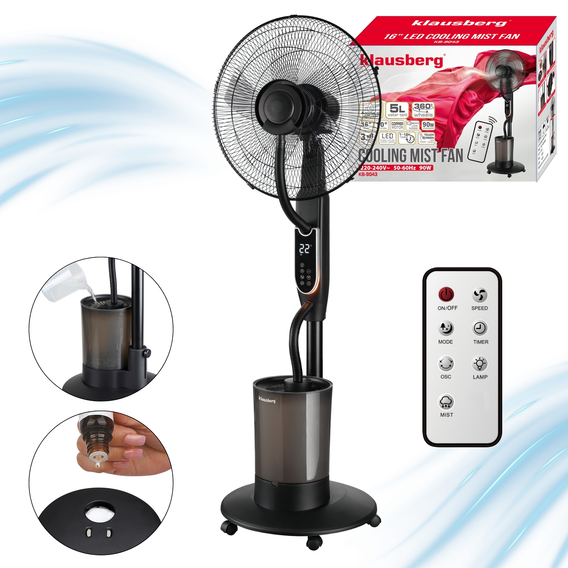 Wentylator mgiełkowy z Nawilżaczem KLAUSBERG KB-9034 16" LED 5L pilot timer