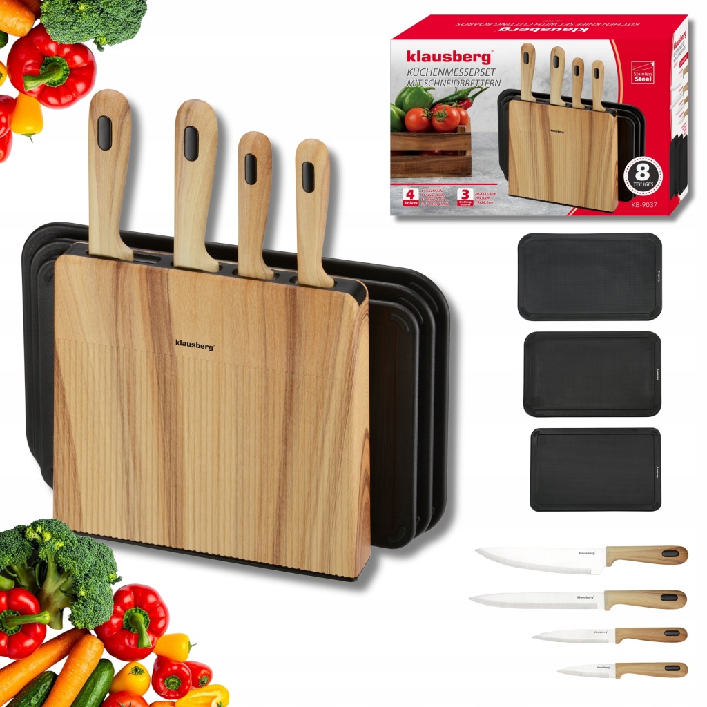 Zestaw 8el Noży Klausberg KB-9037 4 Noże 3 Deski Stojak Kitchen Set Komplet